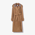 Women's long gabardine fabric trench coat with plaid lapel - Caramel
