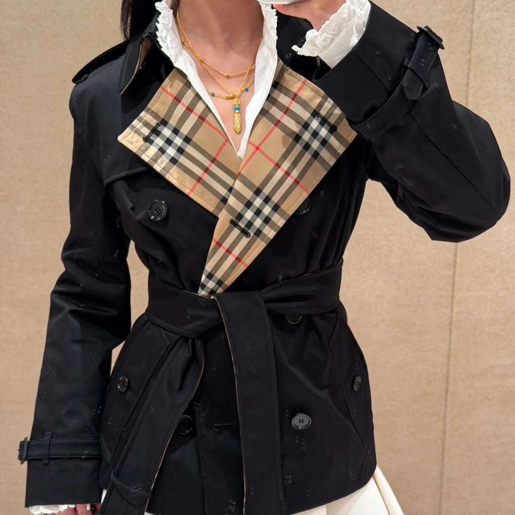 Short Gabardine Trench Coat, Waist-Defined Waterproof Jacket - Khaki, Black