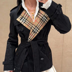 Short Gabardine Trench Coat, Waist-Defined Waterproof Jacket - Khaki, Black