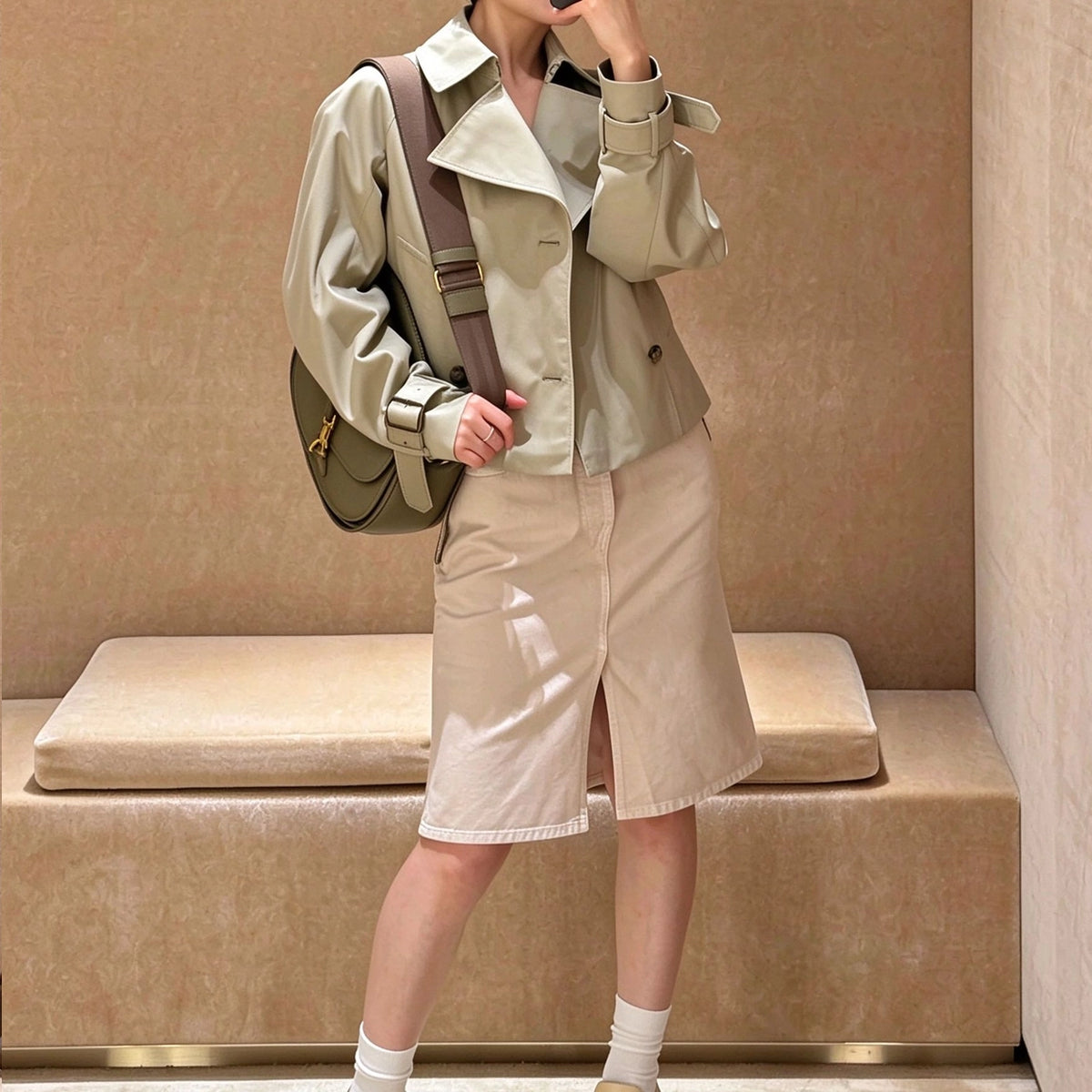 Women's Short Cotton-Blend Earth-Tone Windproof Trench Coat