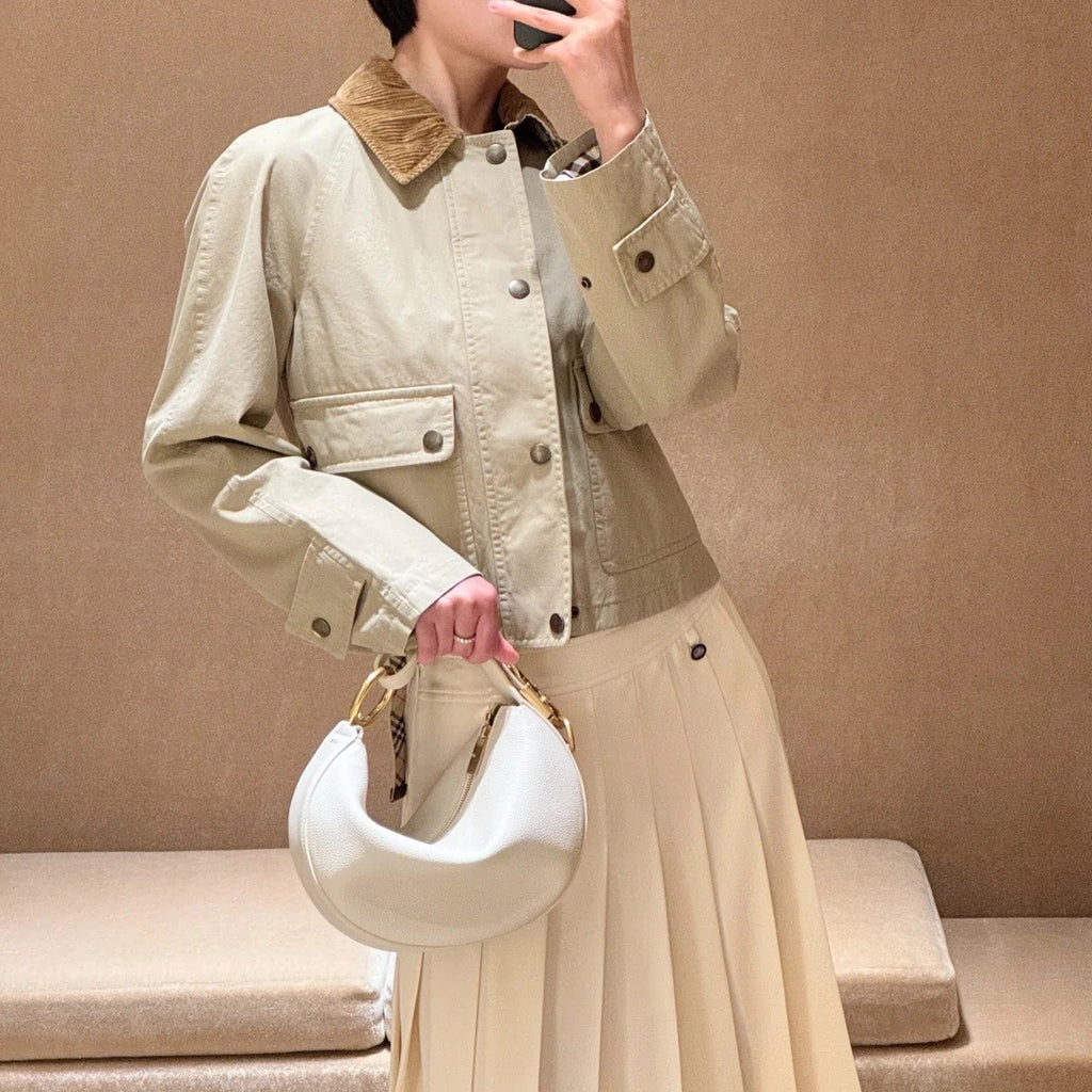 Women's Short Lightweight Trench Coat, Vintage Suede Lapel Jacket - Khaki, Army Green