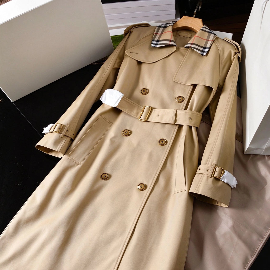 Women's Long Plaid Collar Windbreaker Coat - Khaki, Black
