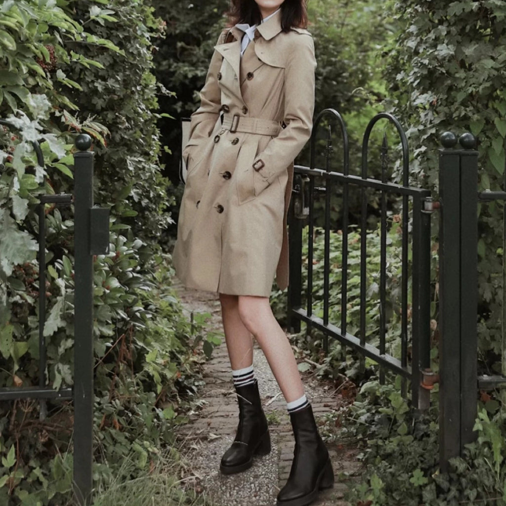 Women's mid-length gabardine double-breasted windproof trench coat