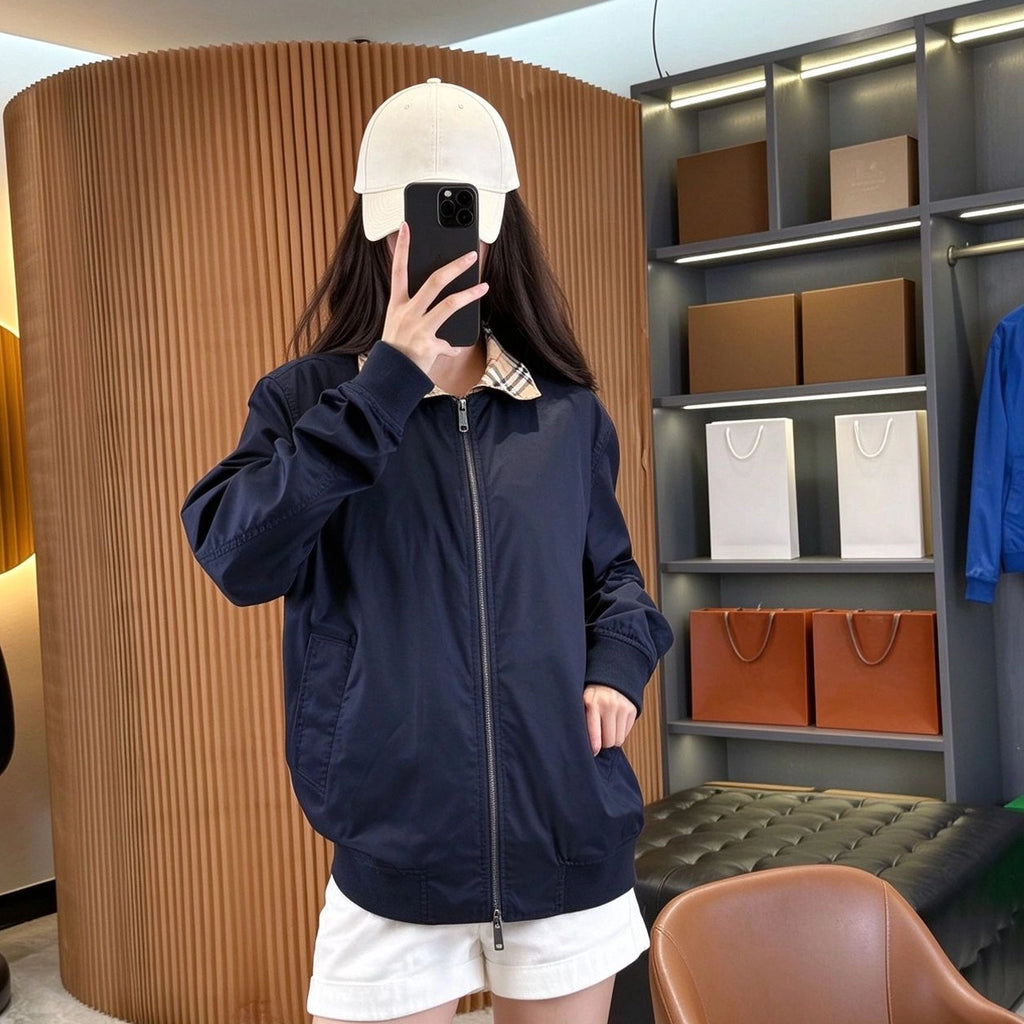 男士华达呢宽松戗驳领夹克，格纹饰边休闲防风外套 - 苔原白，航海蓝，海军蓝