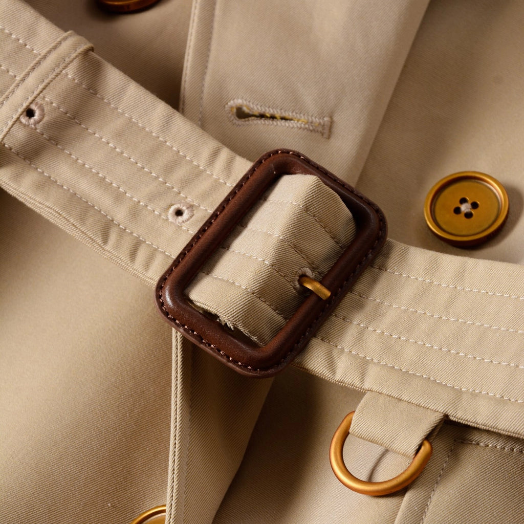 Women's Trench Coat with Metal Buttons, Double-Breasted, Belted - Khaki