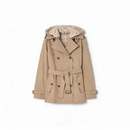 Short, lightweight gabardine trench coat with detachable hood – Salt Marsh Beige, Vineyard Red