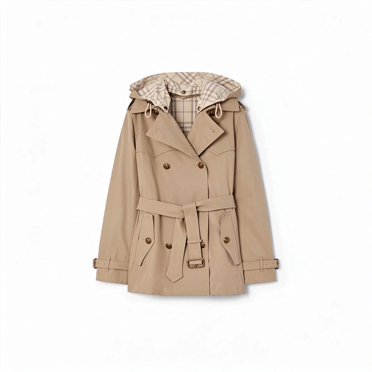 Short, lightweight gabardine trench coat with detachable hood – Salt Marsh Beige, Vineyard Red