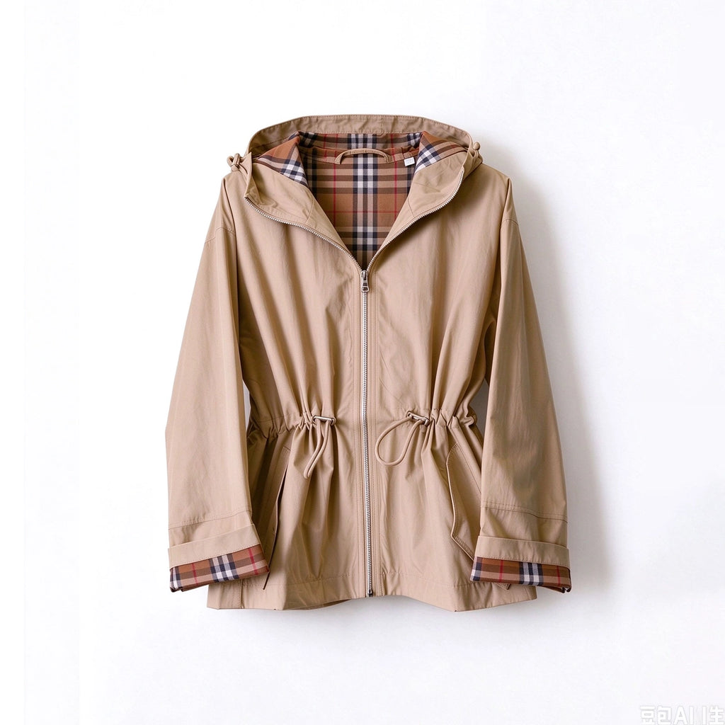 Hooded zip-up jacket, waist-cinched mid-length trench coat