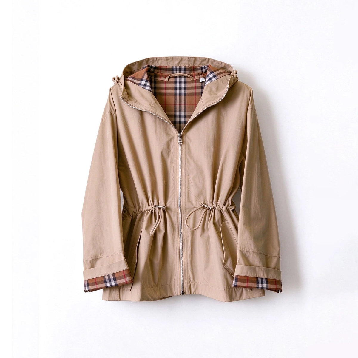 Hooded zip-up jacket, waist-cinched mid-length trench coat