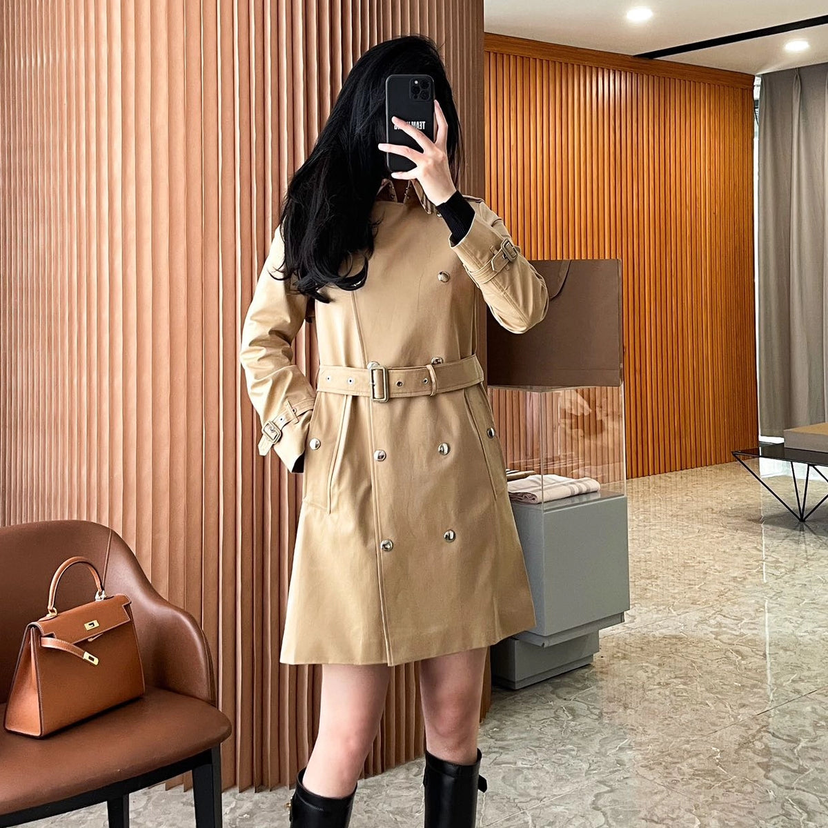 Women's Trench Coat with Checkered Lining Detail, Cotton - Available in Two Colors