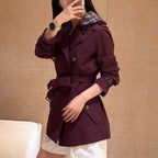 Short, lightweight gabardine trench coat with detachable hood – Salt Marsh Beige, Vineyard Red