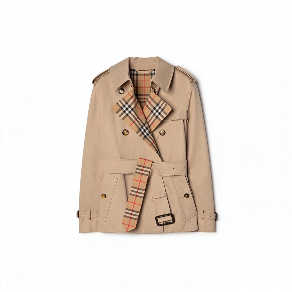 Short Gabardine Trench Coat, Waist-Defined Waterproof Jacket - Khaki, Black