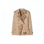 Short Gabardine Trench Coat, Waist-Defined Waterproof Jacket - Khaki, Black