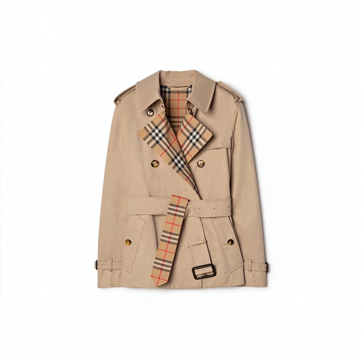 Short Gabardine Trench Coat, Waist-Defined Waterproof Jacket - Khaki, Black