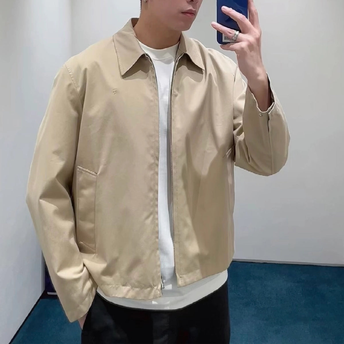 Loose Lapel Gabardine Jacket, Simple Cotton Windbreaker - Khaki, Black