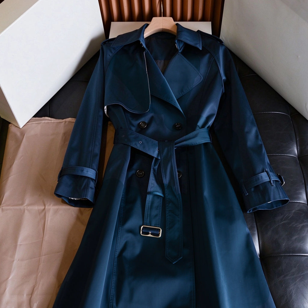 Long lightweight gabardine trench coat with belt, windproof jacket - Sailor Blue, Khaki