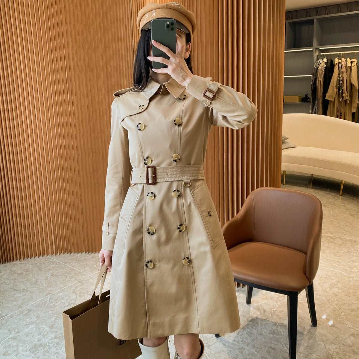 Women's mid-length gabardine double-breasted windproof trench coat