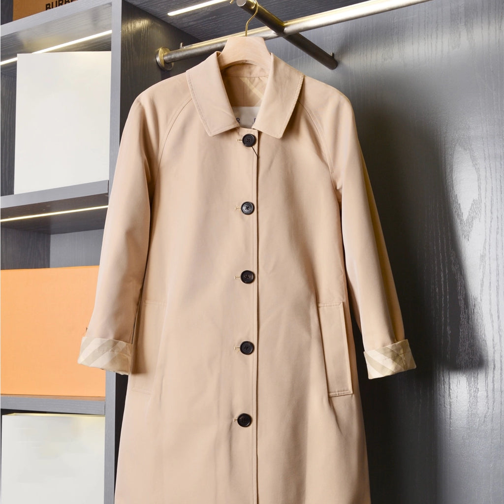 Women's Mid-Length Lightweight Reversible Plaid Trench Coat - Loose Casual Windbreaker in Khaki