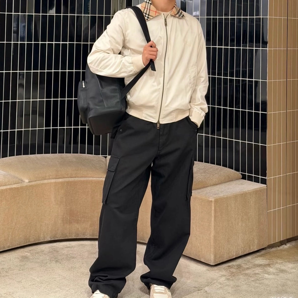 男士华达呢宽松戗驳领夹克，格纹饰边休闲防风外套 - 苔原白，航海蓝，海军蓝
