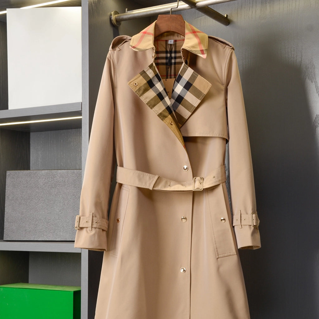 Women's large check collar cotton blend trench long coat