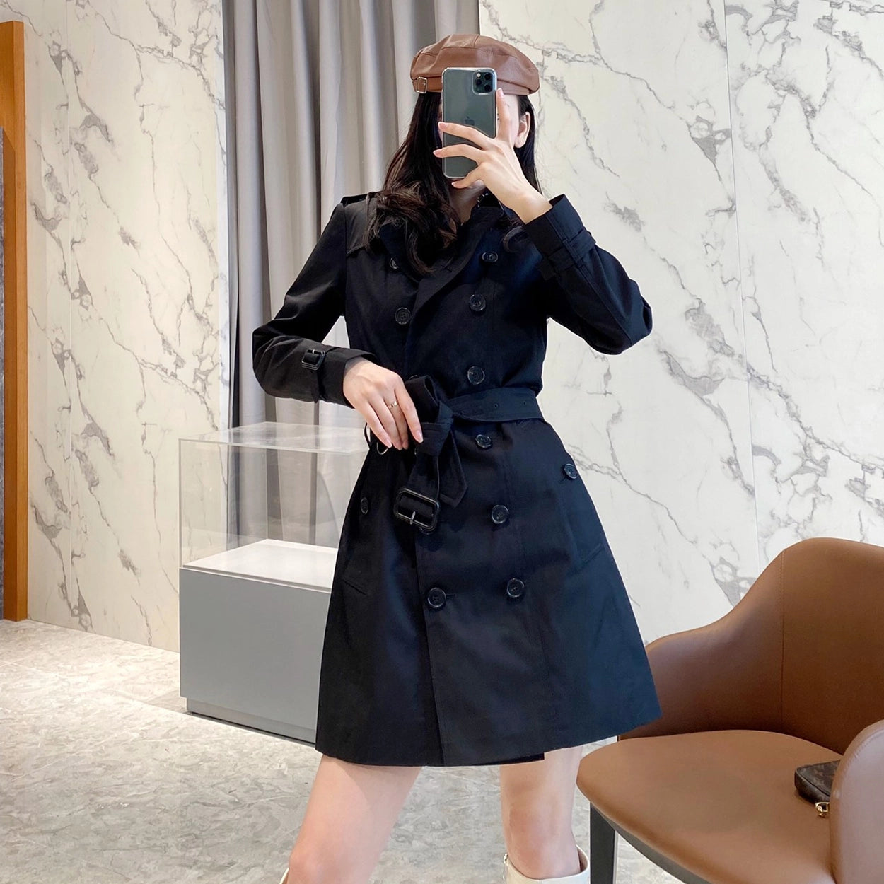Women's Classic Mid-Length Trench Coat - Black