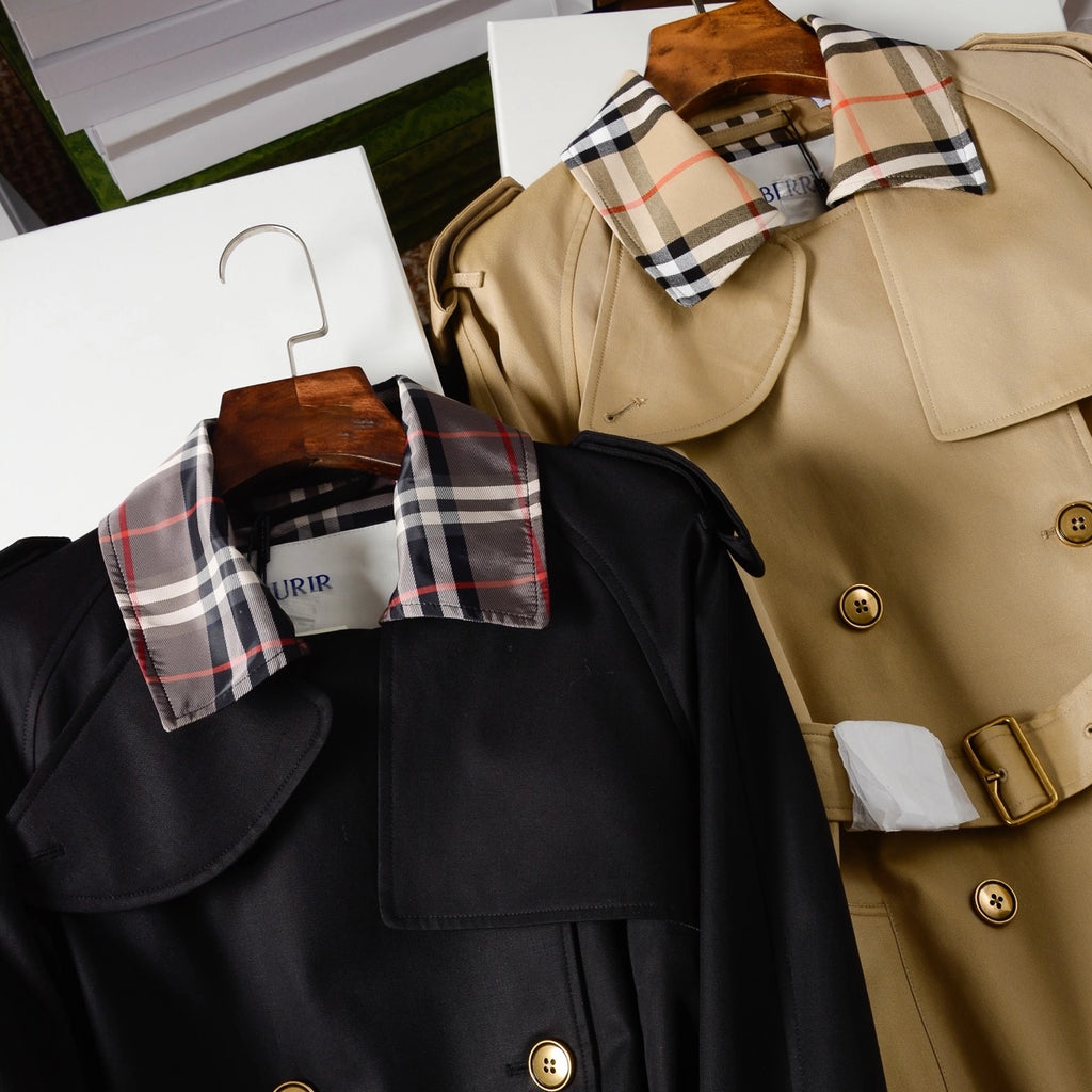 Women's Long Plaid Collar Windbreaker Coat - Khaki, Black