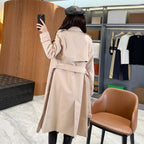 Women's Long Gabardine Trench Coat Double-Breasted Raglan Sleeve Belted Windbreaker - Khaki