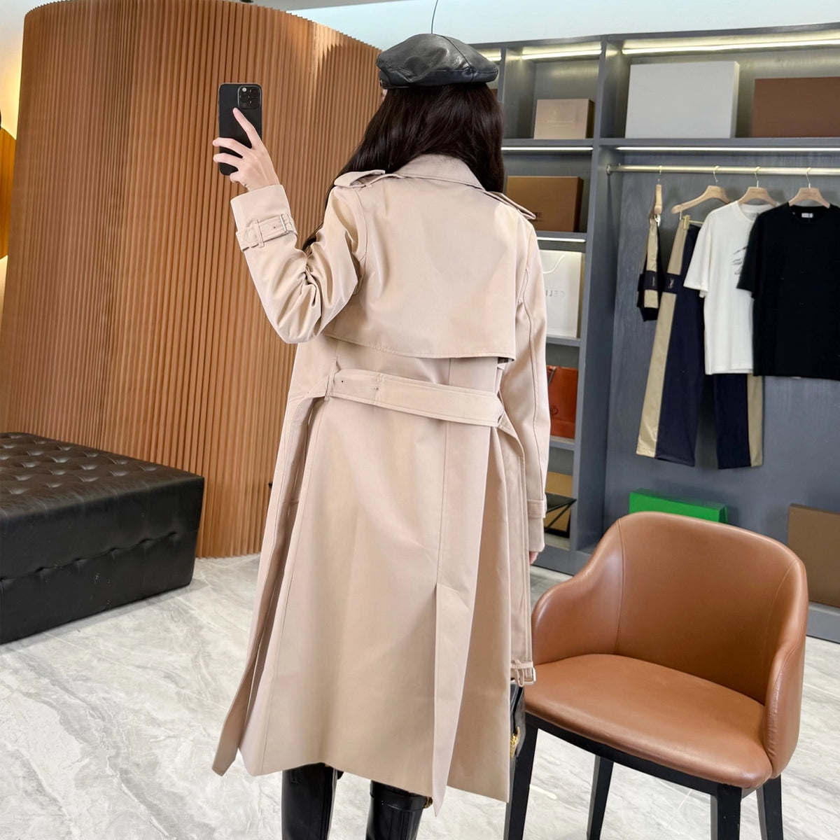 Women's Long Gabardine Trench Coat Double-Breasted Raglan Sleeve Belted Windbreaker - Khaki