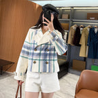 Waist-length short double-breasted blue-green plaid patchwork trench coat, women's fitted jacket - Tide Blue