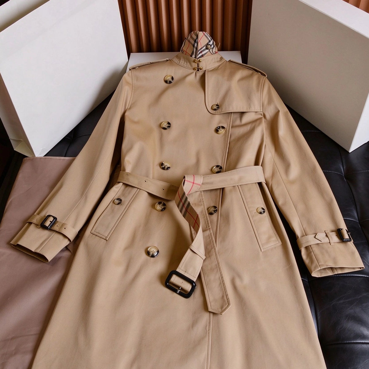 British-style long gabardine trench coat, classic fitted trench jacket - Khaki, black