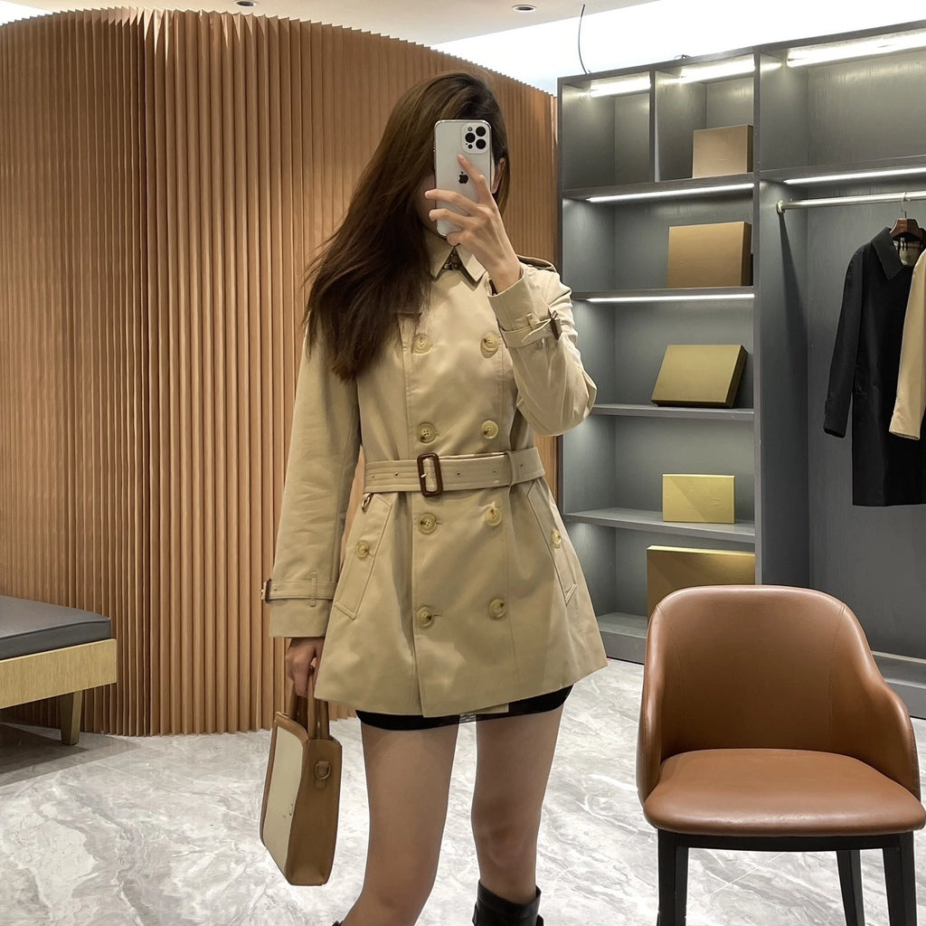 Women's short gabardine double-breasted windproof trench coat