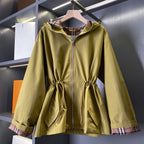 Women's Simple Hooded Waist-Cinching Trench Coat Zipper Jacket - Light Blush Red, Green