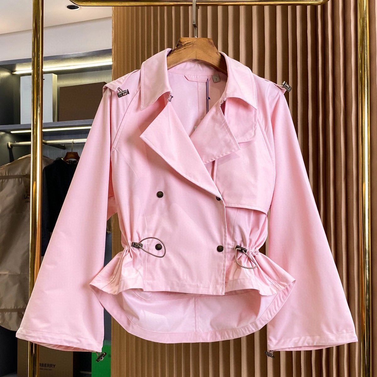 Women's lightweight gabardine hooded trench coat - floral pink, olive green, navy blue