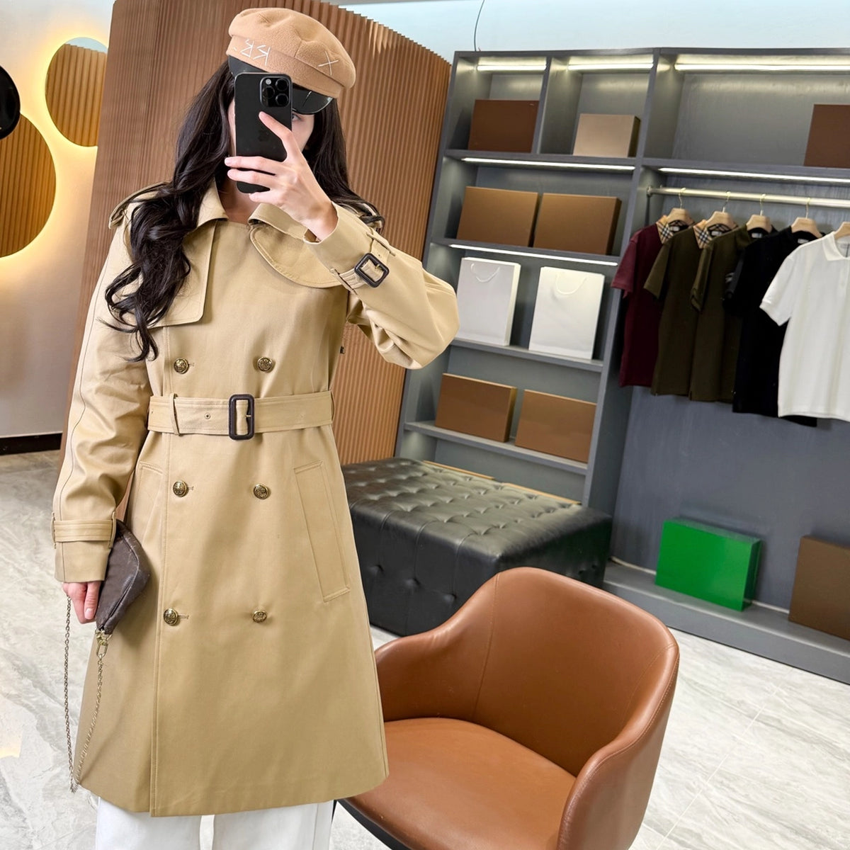 Mid-length gabardine trench coat, loose raglan sleeves with a cinched waist windproof jacket - reddish-brown, Khaki