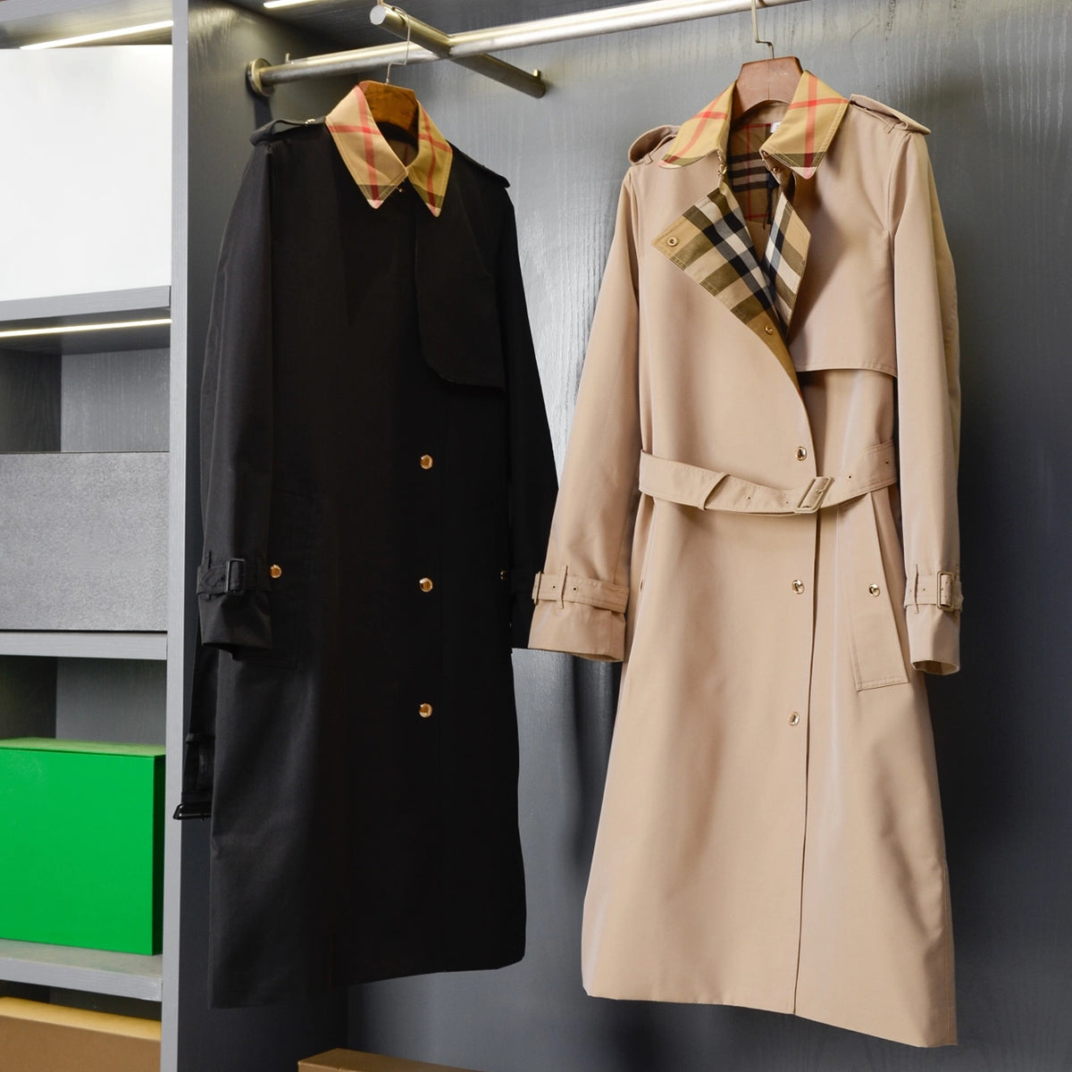 Women's large check collar cotton blend trench long coat