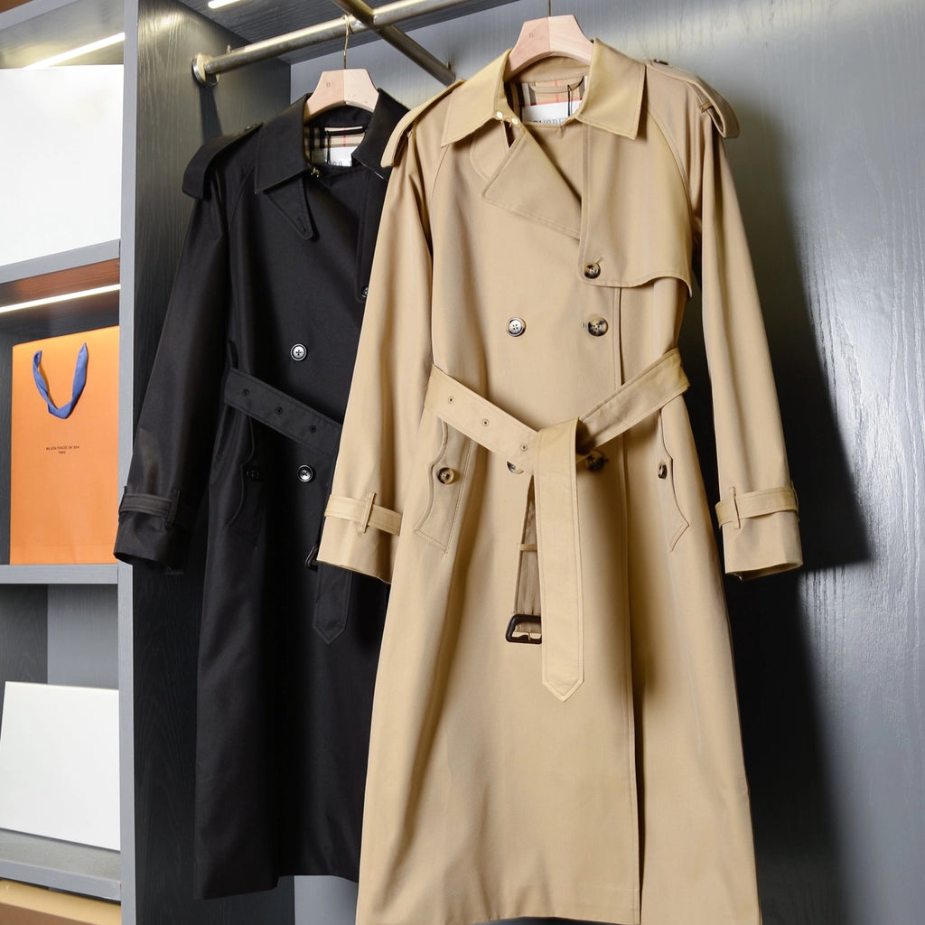 Women's Long Gabardine Lightweight Windproof Coat - Khaki, Black