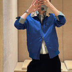 男士华达呢宽松戗驳领夹克，格纹饰边休闲防风外套 - 苔原白，航海蓝，海军蓝