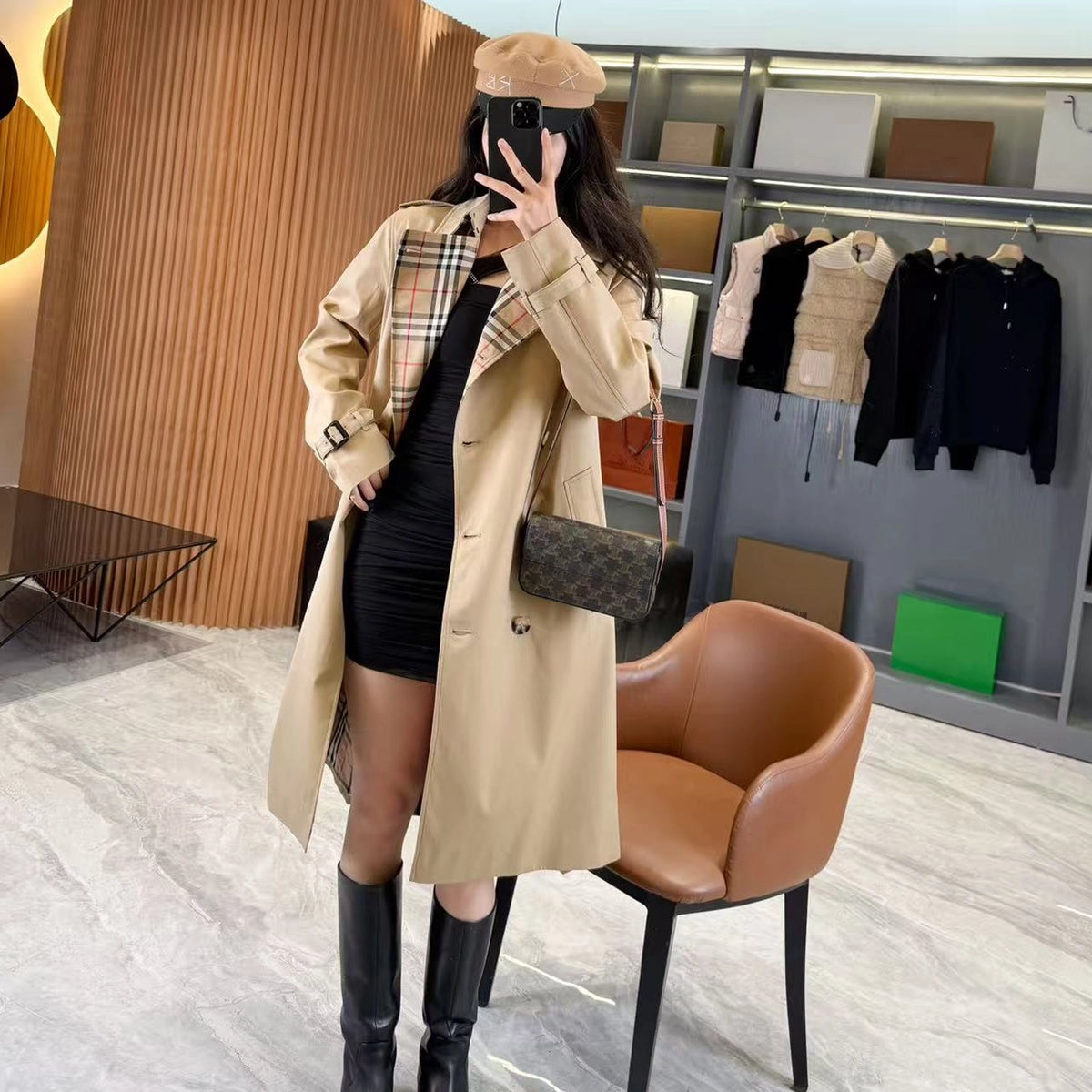 British-style long gabardine trench coat, classic fitted trench jacket - Khaki, black