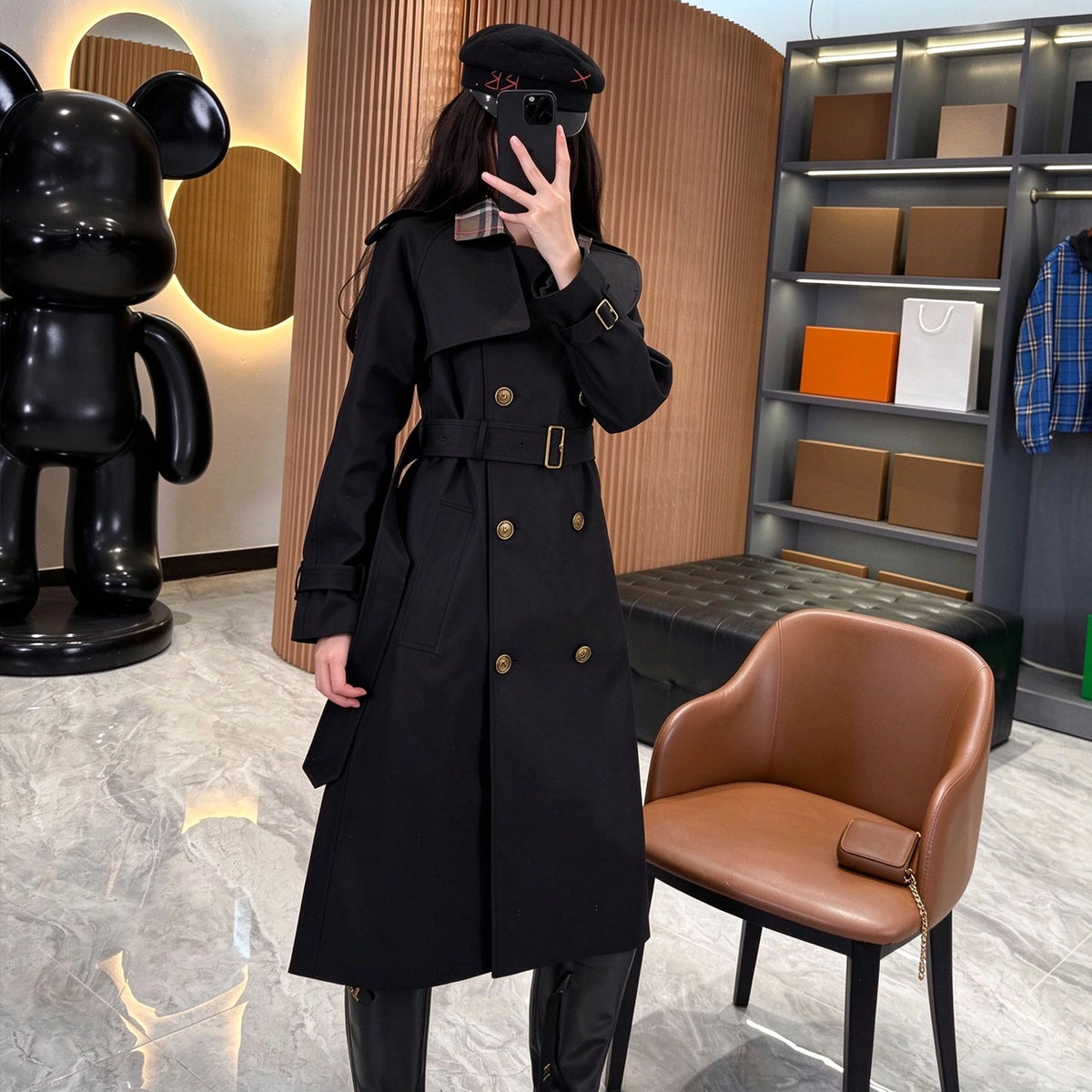 Women's Long Plaid Collar Windbreaker Coat - Khaki, Black