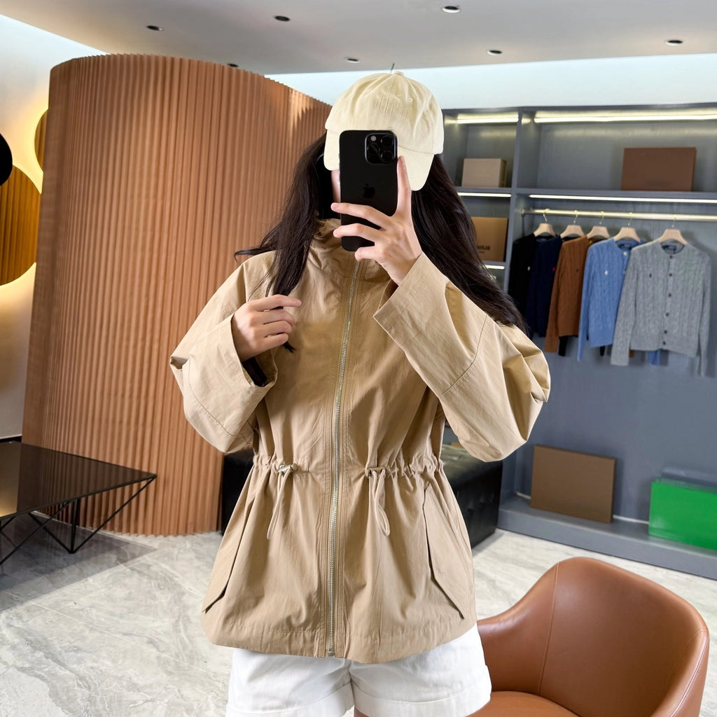 Hooded zip-up jacket, waist-cinched mid-length trench coat