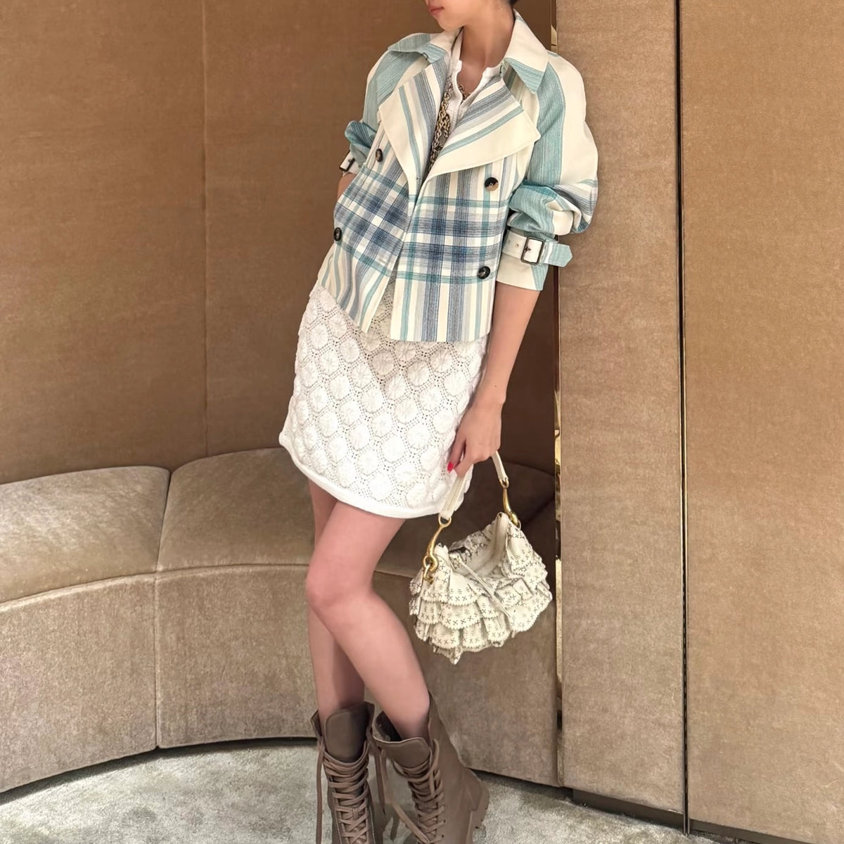 Waist-length short double-breasted blue-green plaid patchwork trench coat, women's fitted jacket - Tide Blue