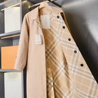 Women's Mid-Length Lightweight Reversible Plaid Trench Coat - Loose Casual Windbreaker in Khaki