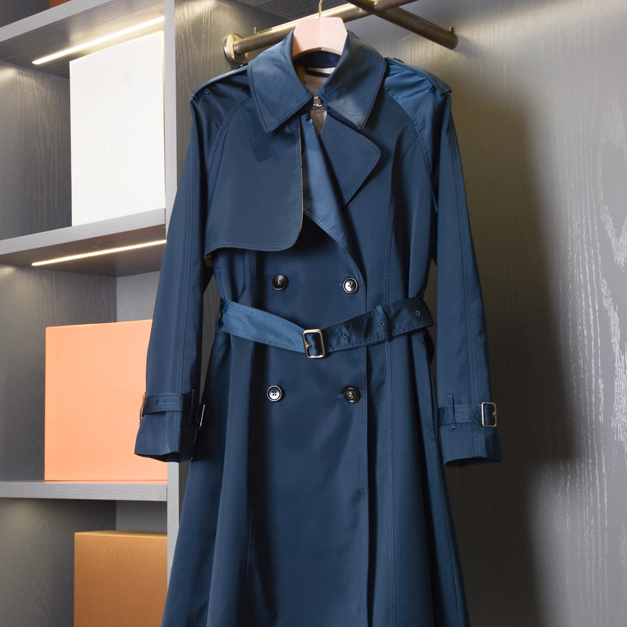 Long lightweight gabardine trench coat with belt, windproof jacket - Sailor Blue, Khaki
