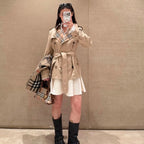 Short Gabardine Trench Coat, Waist-Defined Waterproof Jacket - Khaki, Black