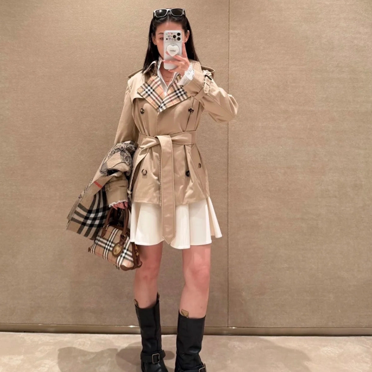 Short Gabardine Trench Coat, Waist-Defined Waterproof Jacket - Khaki, Black