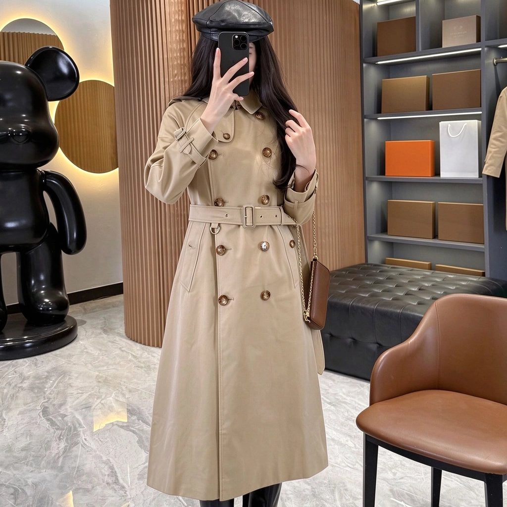 Women's Lined Printed Double-Breasted Belted Trench Coat - Khaki