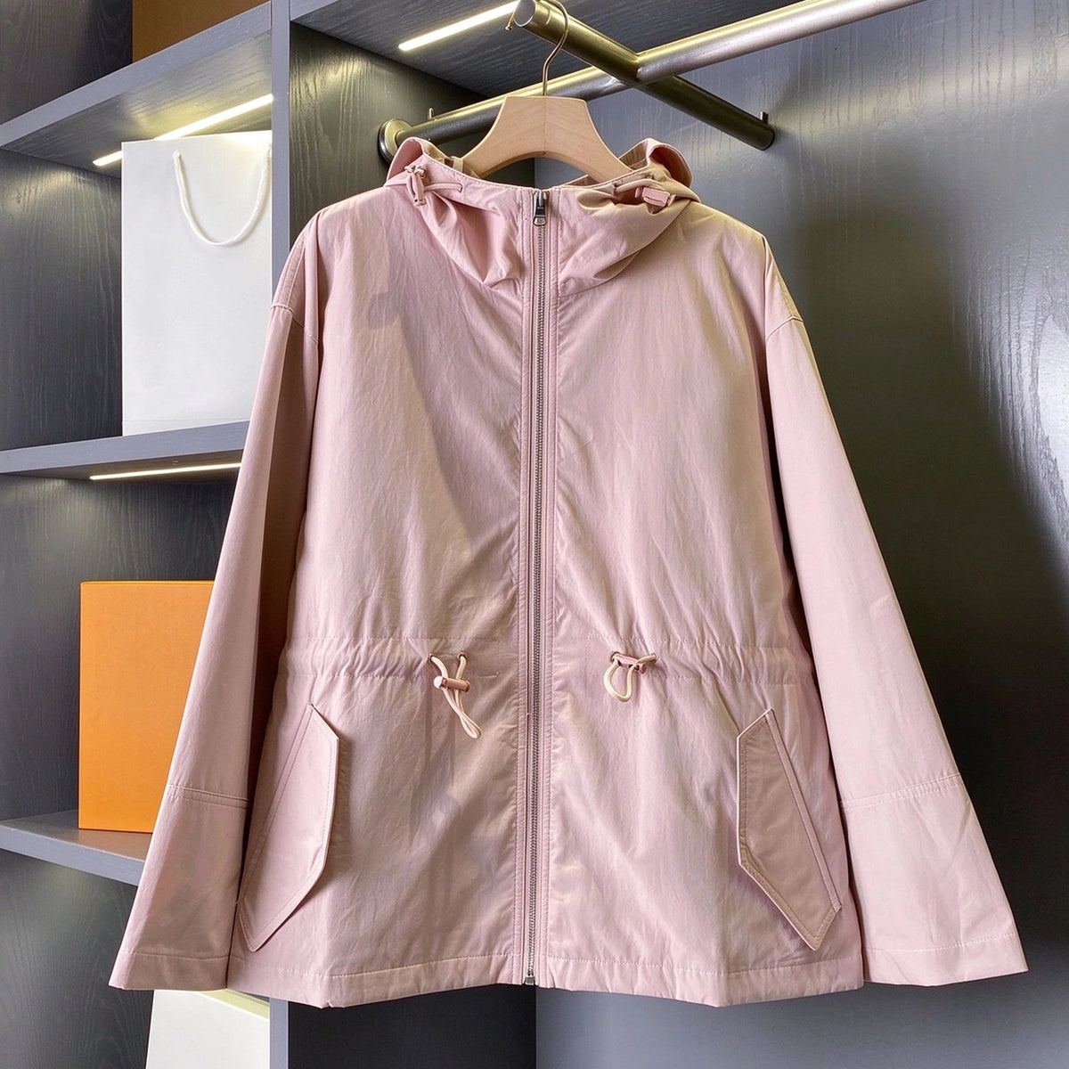 Women's Simple Hooded Waist-Cinching Trench Coat Zipper Jacket - Light Blush Red, Green