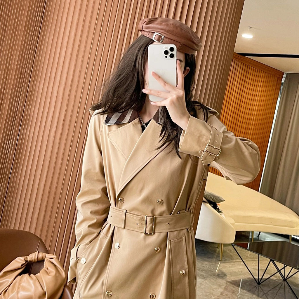 Women's long gabardine fabric trench coat with plaid lapel - Caramel