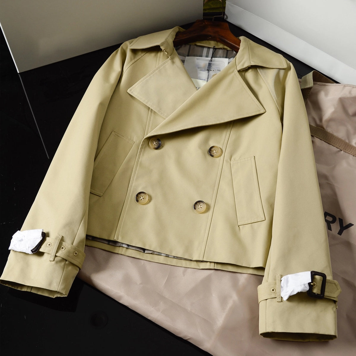 Women's Short Cotton-Blend Earth-Tone Windproof Trench Coat
