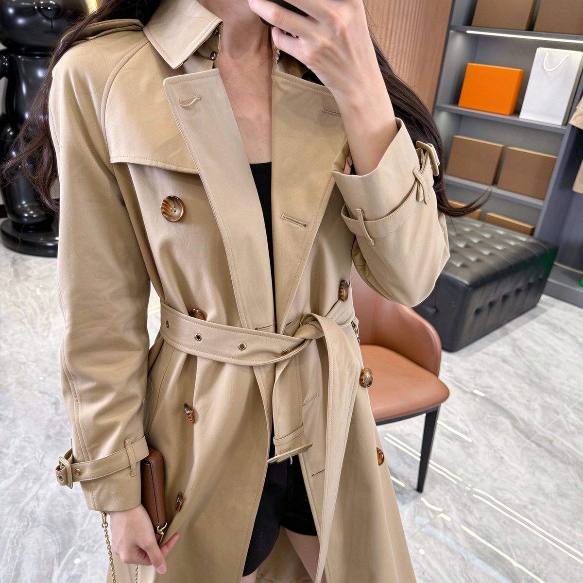 Women's Lined Printed Double-Breasted Belted Trench Coat - Khaki